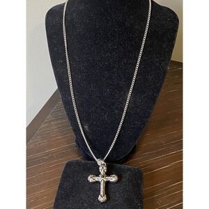 HAN Stainless Steel 24" Link Necklace Antiqued 2" Cross Pendant Faux Black Agate